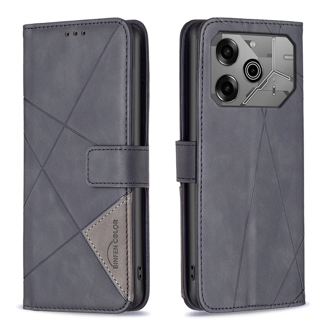 Tecno Pova 6 Wallet Case – Rhombus Texture PU Leather, Magnetic Buckle, Card Slots, Stand Function, Shockproof Protective Cover