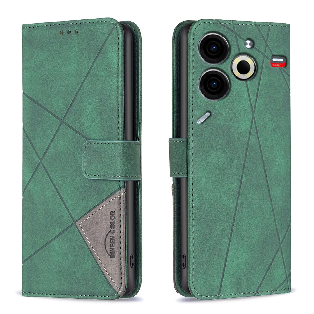 Tecno Pova 6 Neo Wallet Case – Rhombus Texture PU Leather, Magnetic Buckle, Card Slots, Stand Function, Shockproof Protective Cover