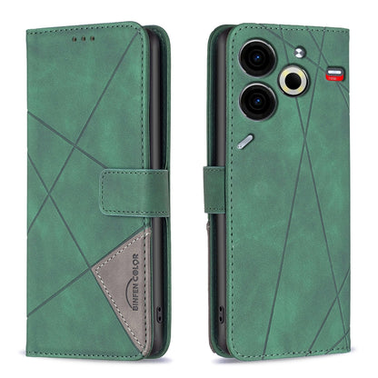 Tecno Pova 6 Neo Wallet Case – Rhombus Texture PU Leather, Magnetic Buckle, Card Slots, Stand Function, Shockproof Protective Cover