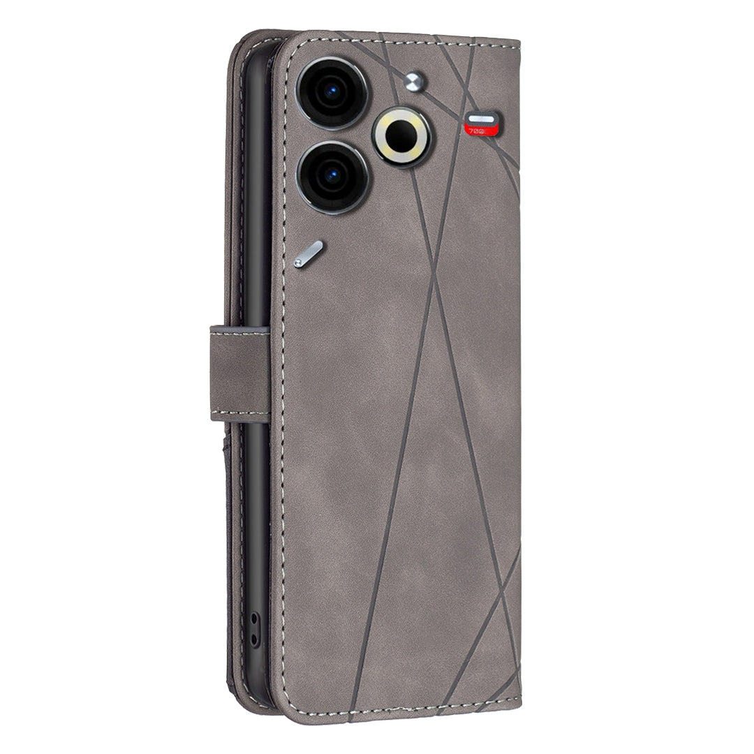 Tecno Pova 6 Neo Wallet Case – Rhombus Texture PU Leather, Magnetic Buckle, Card Slots, Stand Function, Shockproof Protective Cover