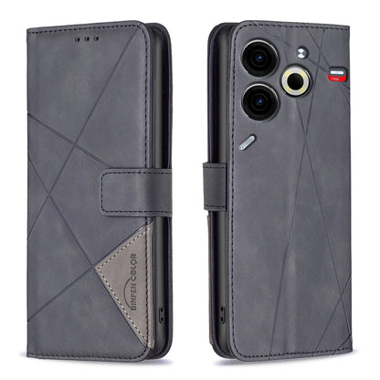 Tecno Pova 6 Neo Wallet Case – Rhombus Texture PU Leather, Magnetic Buckle, Card Slots, Stand Function, Shockproof Protective Cover