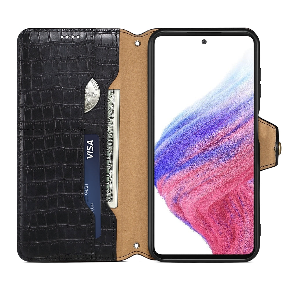 Samsung Galaxy A14 5G Denior Leather Case - Crocodile Texture with Oil Edge, Wallet & Kickstand Features