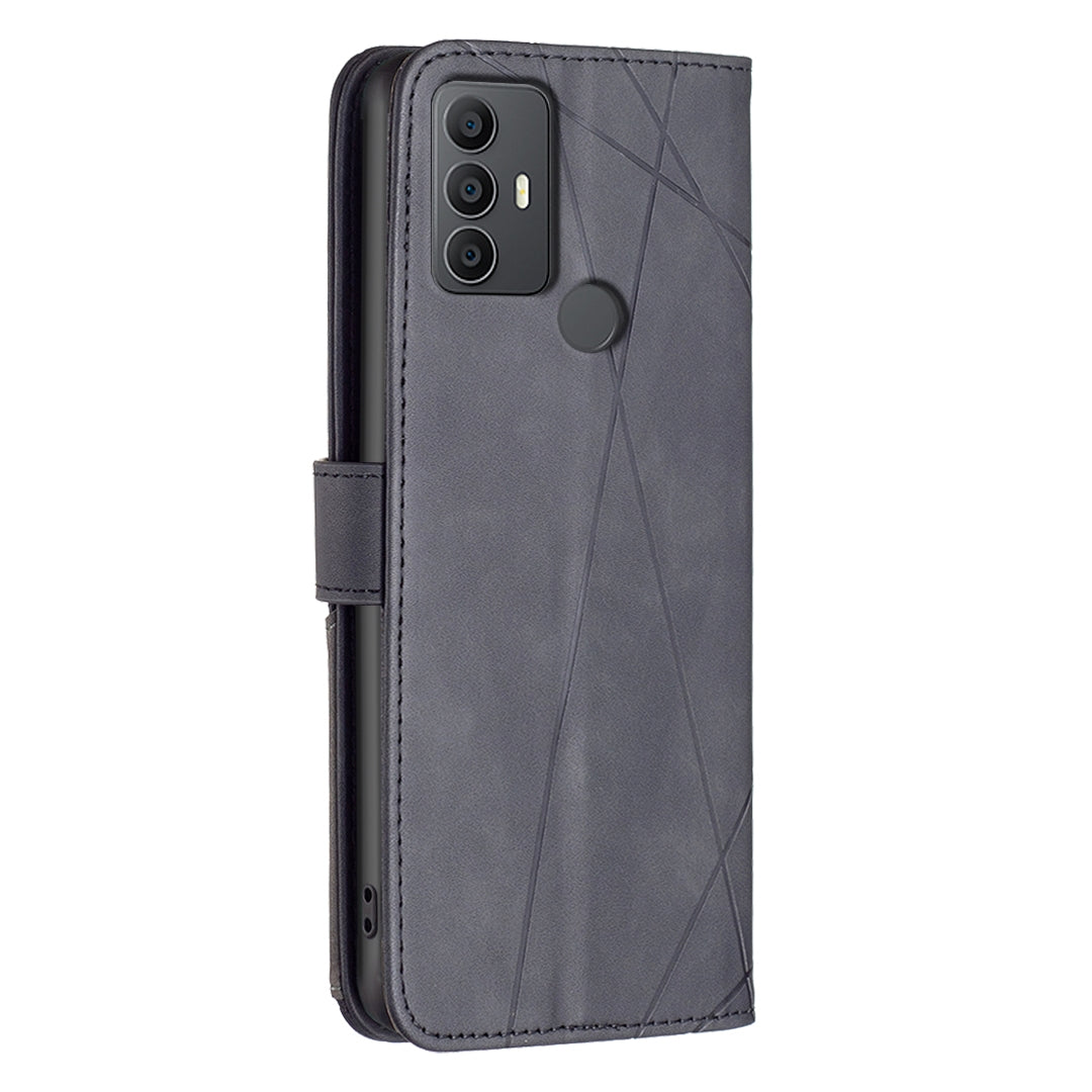 TCL 305 Wallet Case – Rhombus Texture PU Leather, Magnetic Buckle, Card Slots, Stand Function, Shockproof Protective Cover