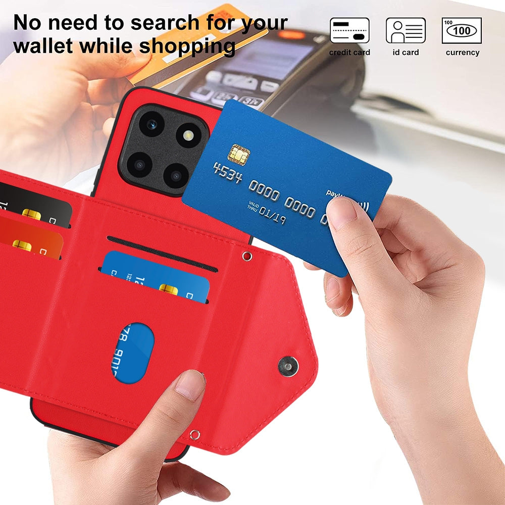 Honor X6a Leather Case with Card Holder & RFID Protection, Long Lanyard Included