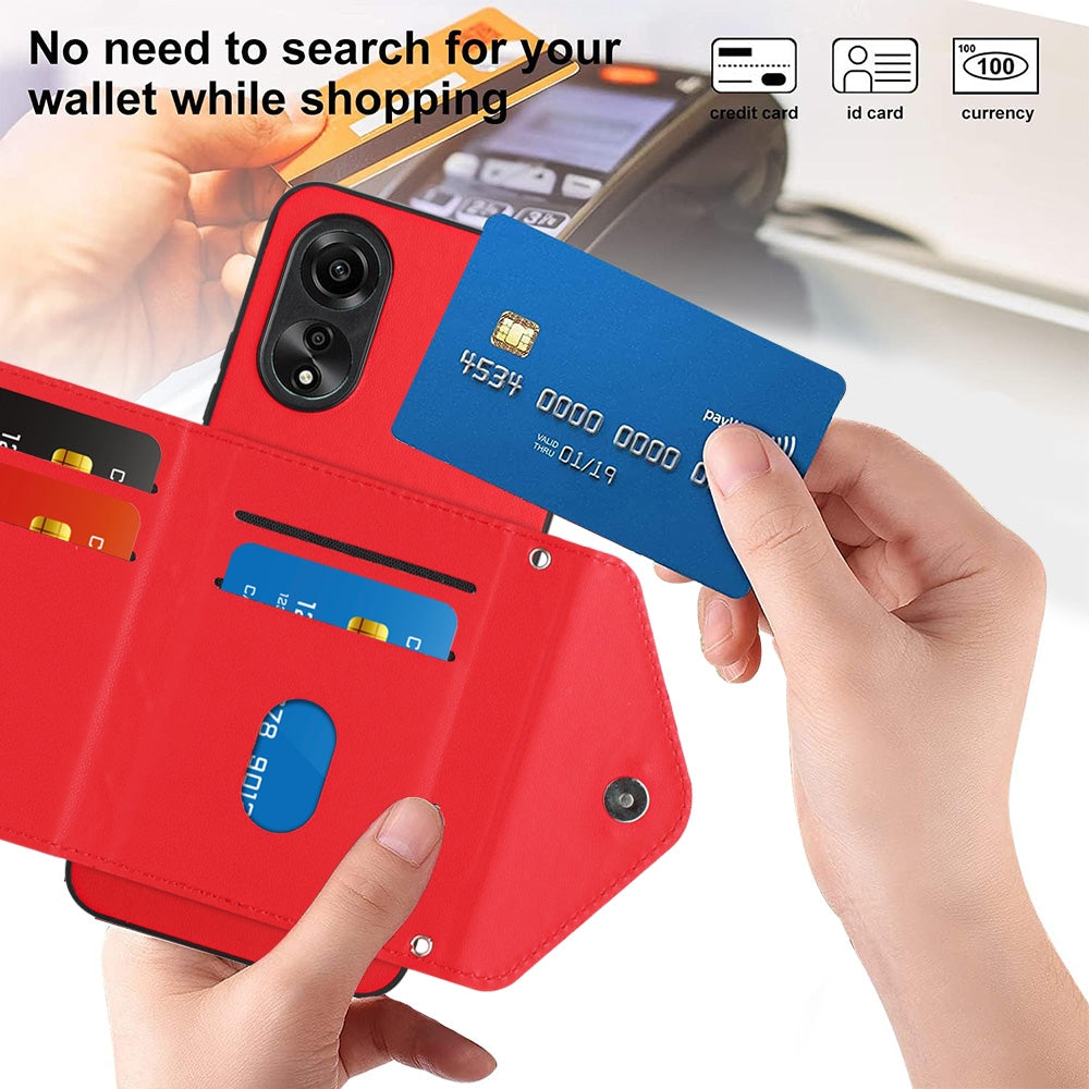 OPPO A17 Leather Case with Card Holder & RFID Protection, Long Lanyard Included