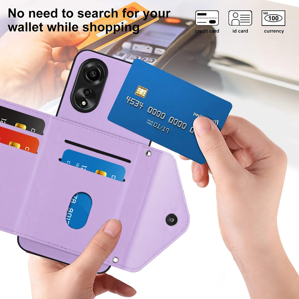 OPPO A58 Leather Case with Card Holder & RFID Protection, Long Lanyard Included