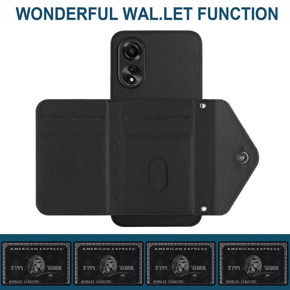 OPPO A58x Leather Case with Card Holder & RFID Protection, Long Lanyard Included