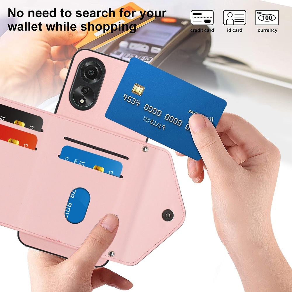OPPO A58 4G Leather Case with Card Holder & RFID Protection, Long Lanyard Included