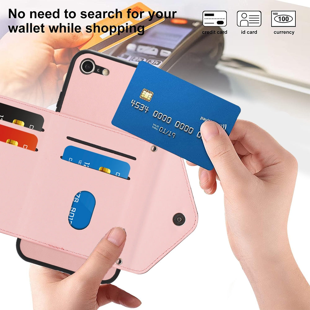 iPhone SE 2022 Leather Case with Card Holder & RFID Protection, Long Lanyard Included