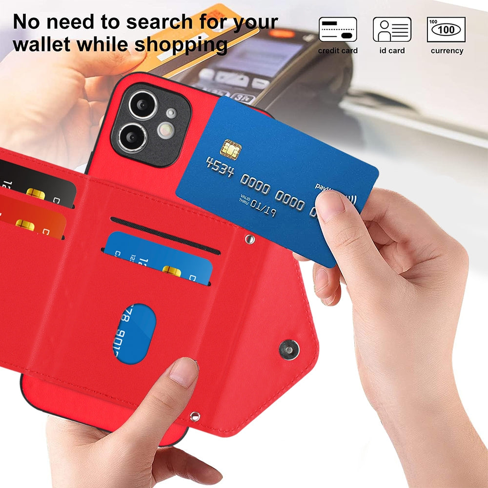 iPhone 12 Leather Case with Card Holder & RFID Protection, Long Lanyard Included