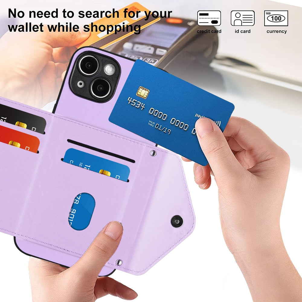iPhone 14 Leather Case with Card Holder & RFID Protection, Long Lanyard Included