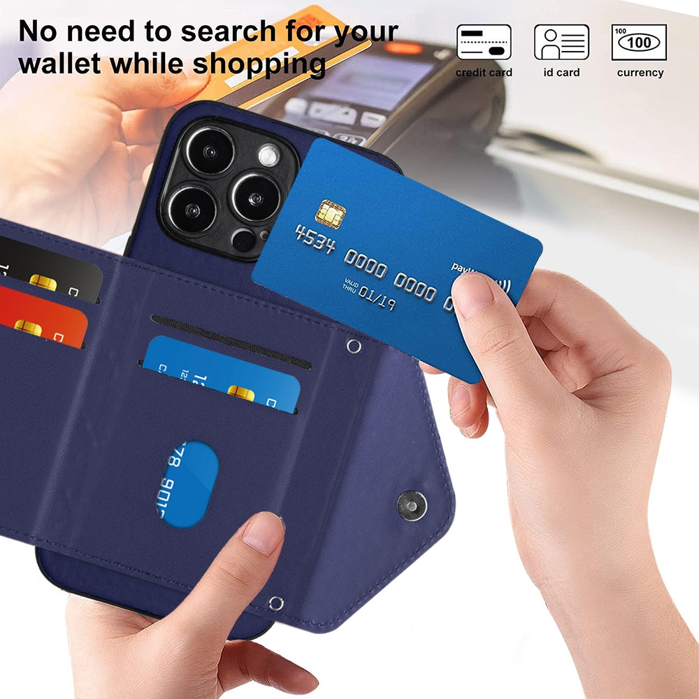 iPhone 15 Pro Max Leather Case with Card Holder & RFID Protection, Long Lanyard Included