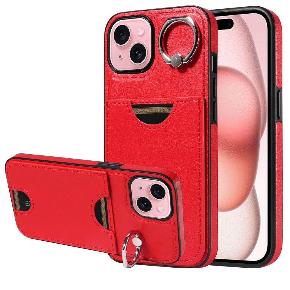 iPhone 15 Calf Texture Phone Case with Card Slot & Ring Holder - Durable & Stylish Protection