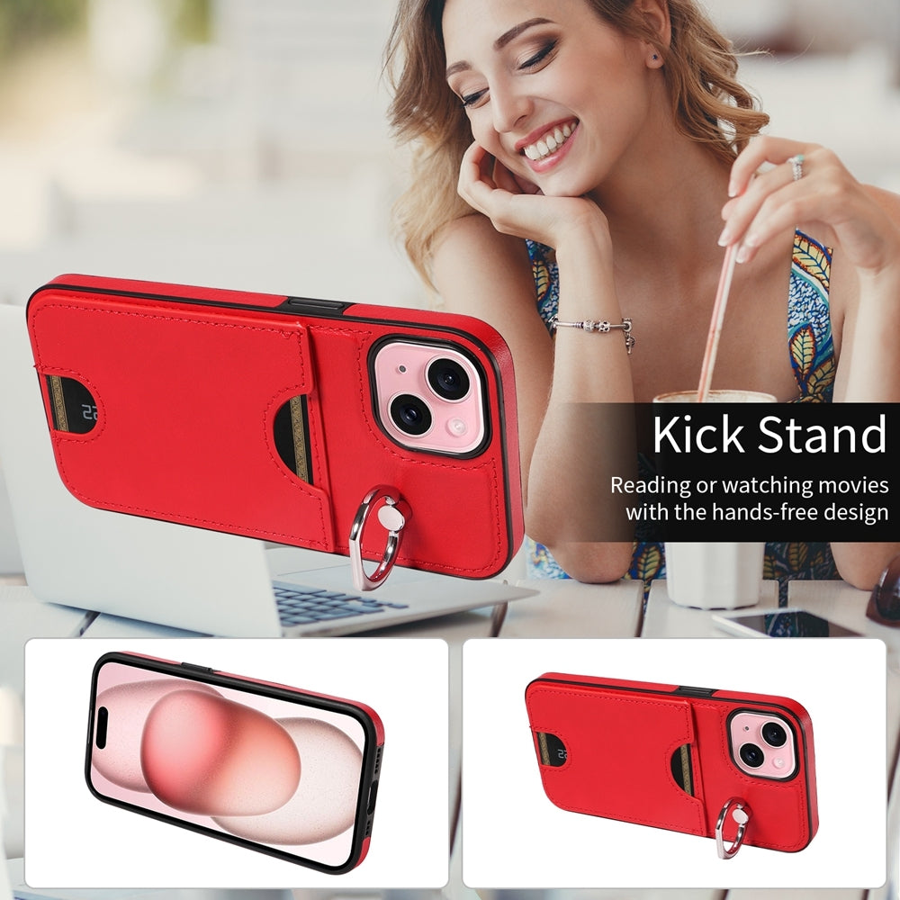 iPhone 15 Calf Texture Phone Case with Card Slot & Ring Holder - Durable & Stylish Protection