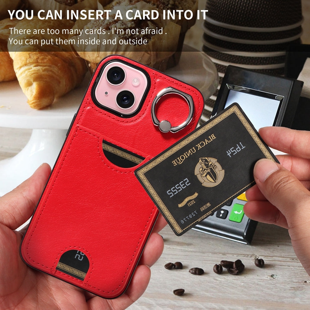 iPhone 15 Calf Texture Phone Case with Card Slot & Ring Holder - Durable & Stylish Protection