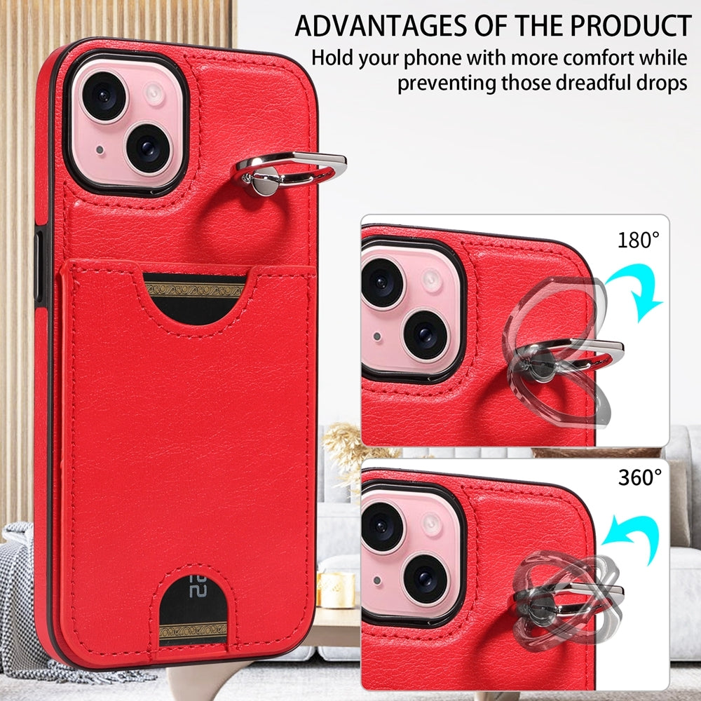 iPhone 15 Calf Texture Phone Case with Card Slot & Ring Holder - Durable & Stylish Protection