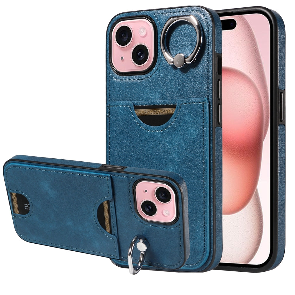 iPhone 15 Calf Texture Phone Case with Card Slot & Ring Holder - Durable & Stylish Protection