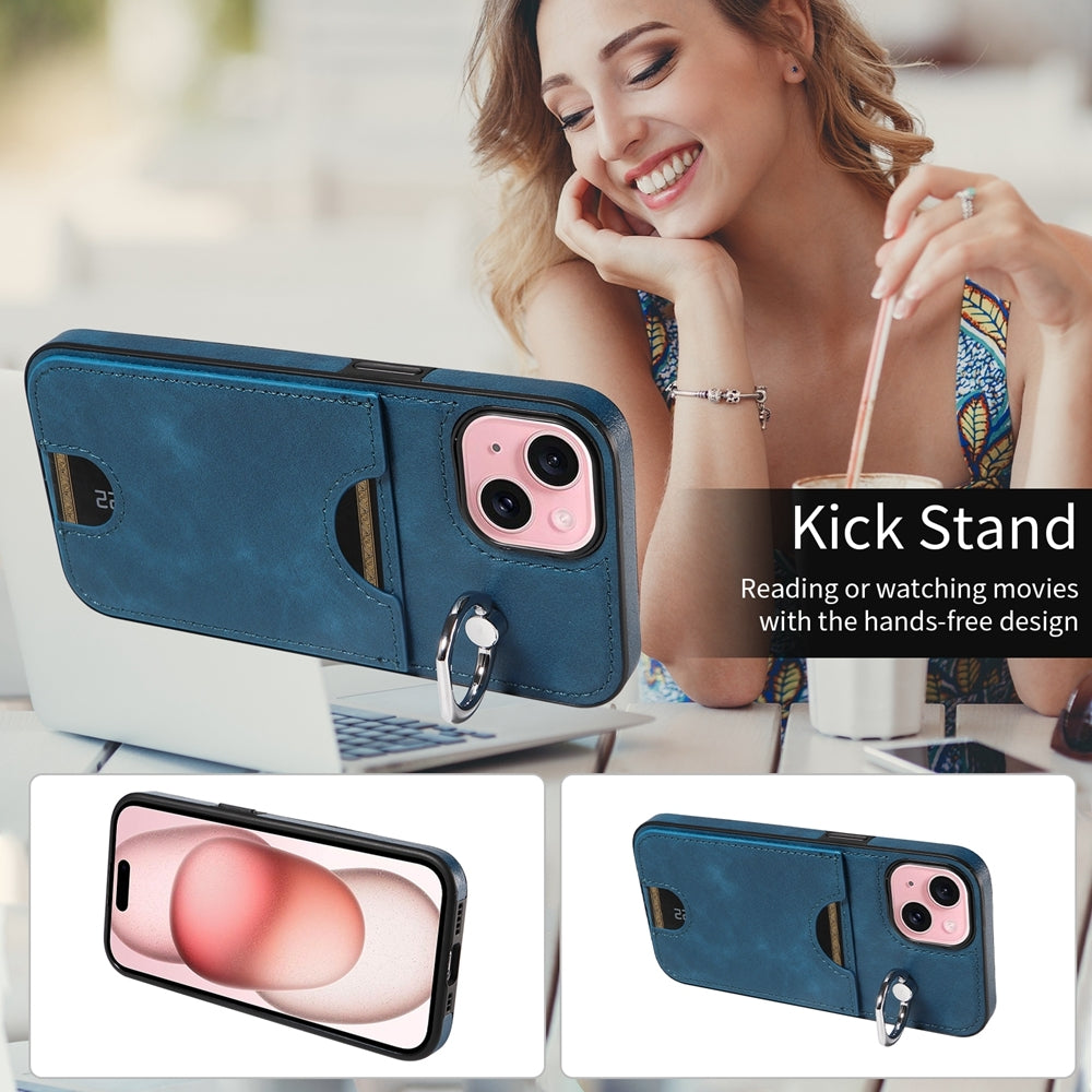 iPhone 15 Calf Texture Phone Case with Card Slot & Ring Holder - Durable & Stylish Protection