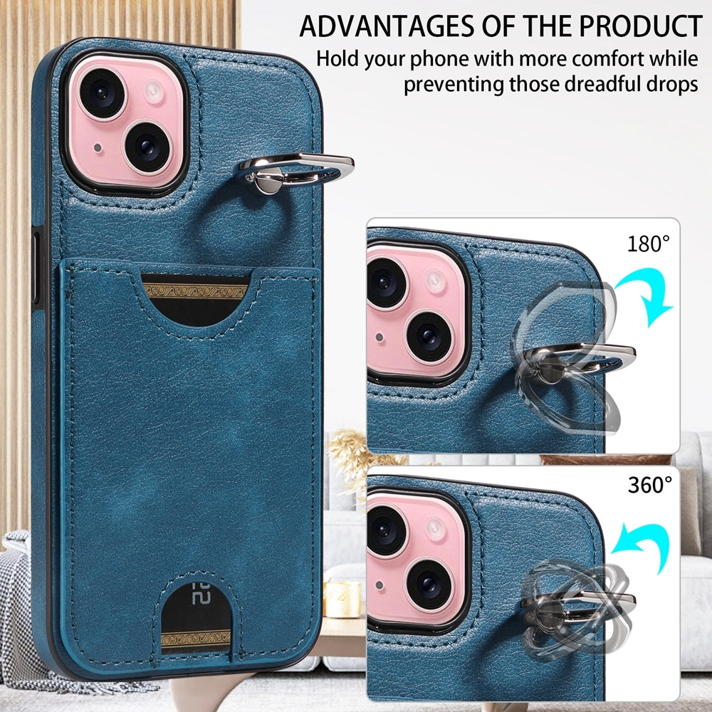 iPhone 15 Calf Texture Phone Case with Card Slot & Ring Holder - Durable & Stylish Protection