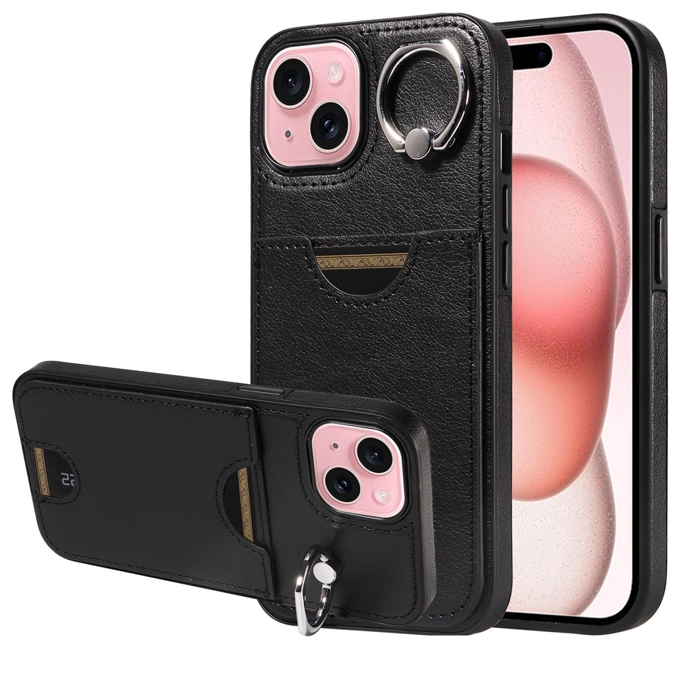 iPhone 15 Calf Texture Phone Case with Card Slot & Ring Holder - Durable & Stylish Protection