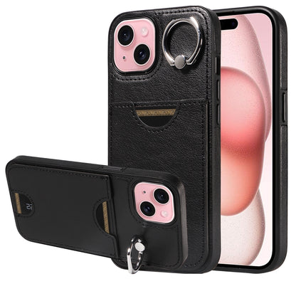 iPhone 15 Calf Texture Phone Case with Card Slot & Ring Holder - Durable & Stylish Protection