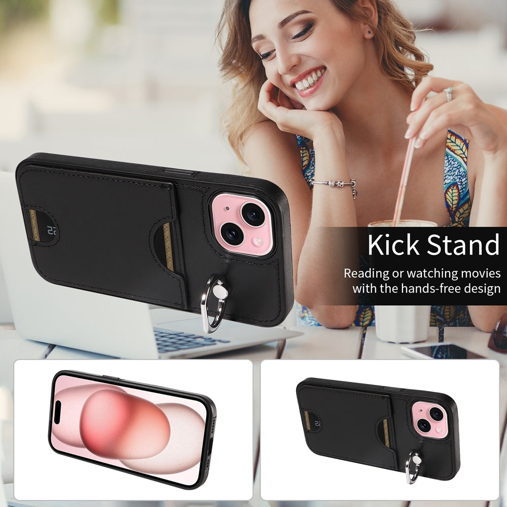 iPhone 15 Calf Texture Phone Case with Card Slot & Ring Holder - Durable & Stylish Protection