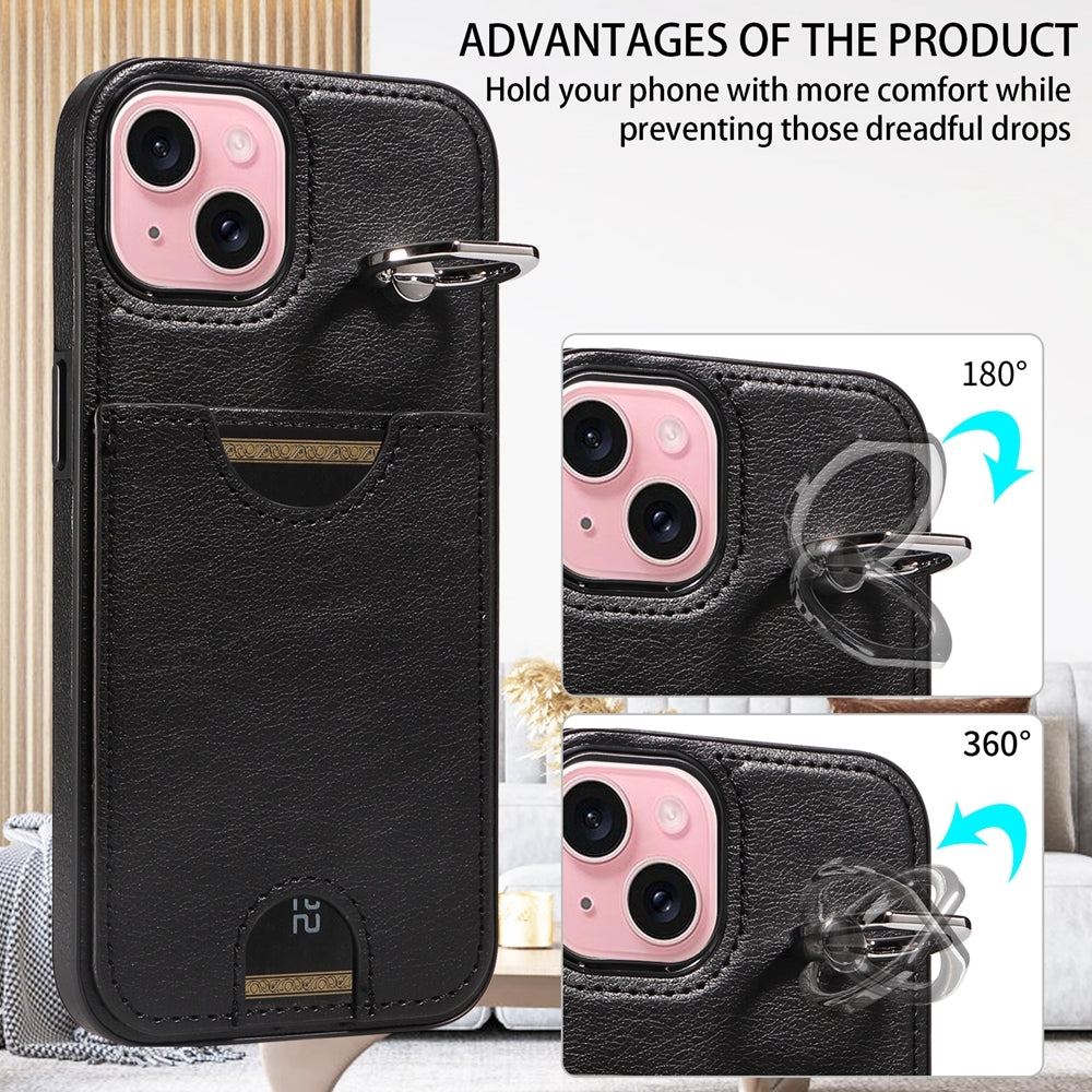 iPhone 15 Calf Texture Phone Case with Card Slot & Ring Holder - Durable & Stylish Protection