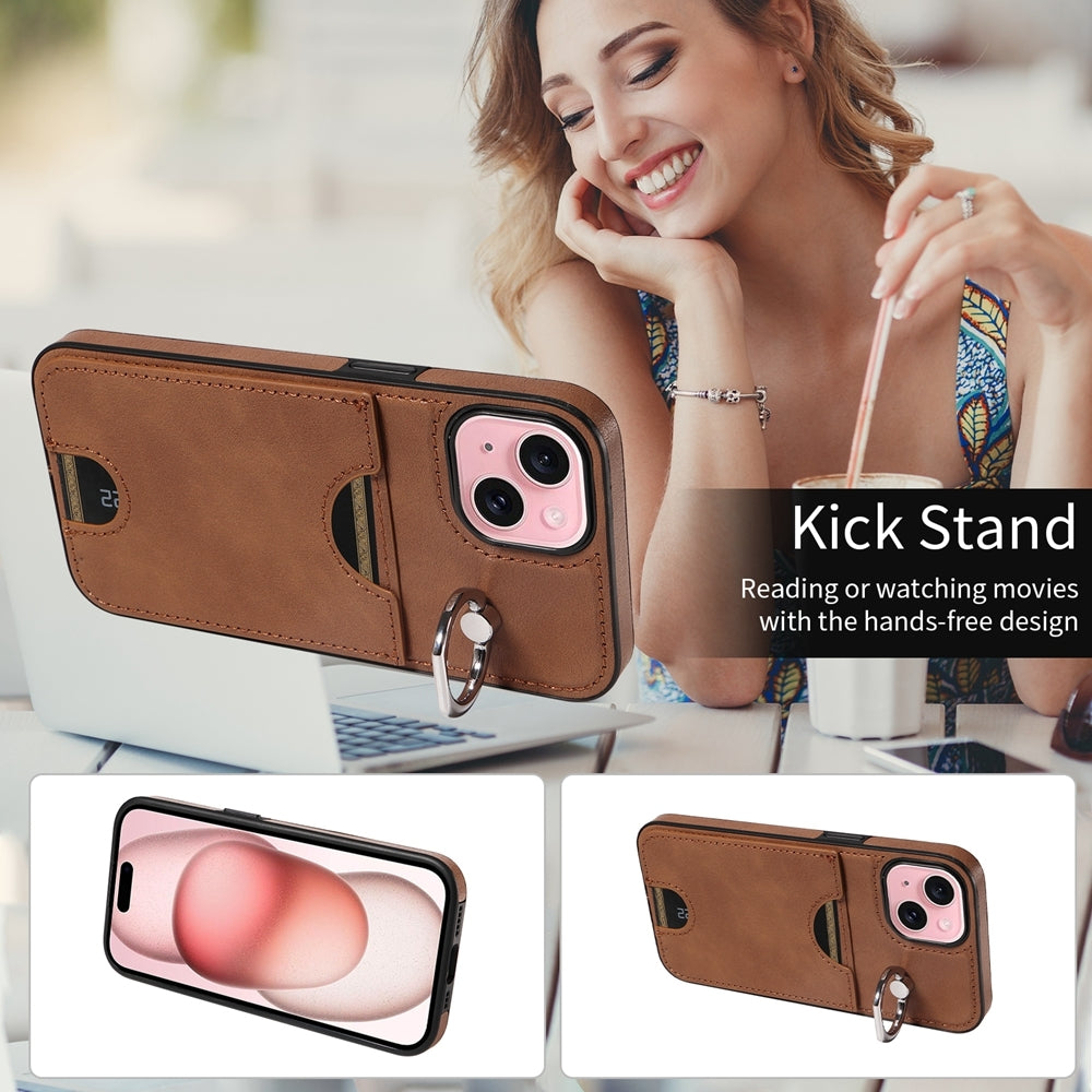 iPhone 15 Calf Texture Phone Case with Card Slot & Ring Holder - Durable & Stylish Protection