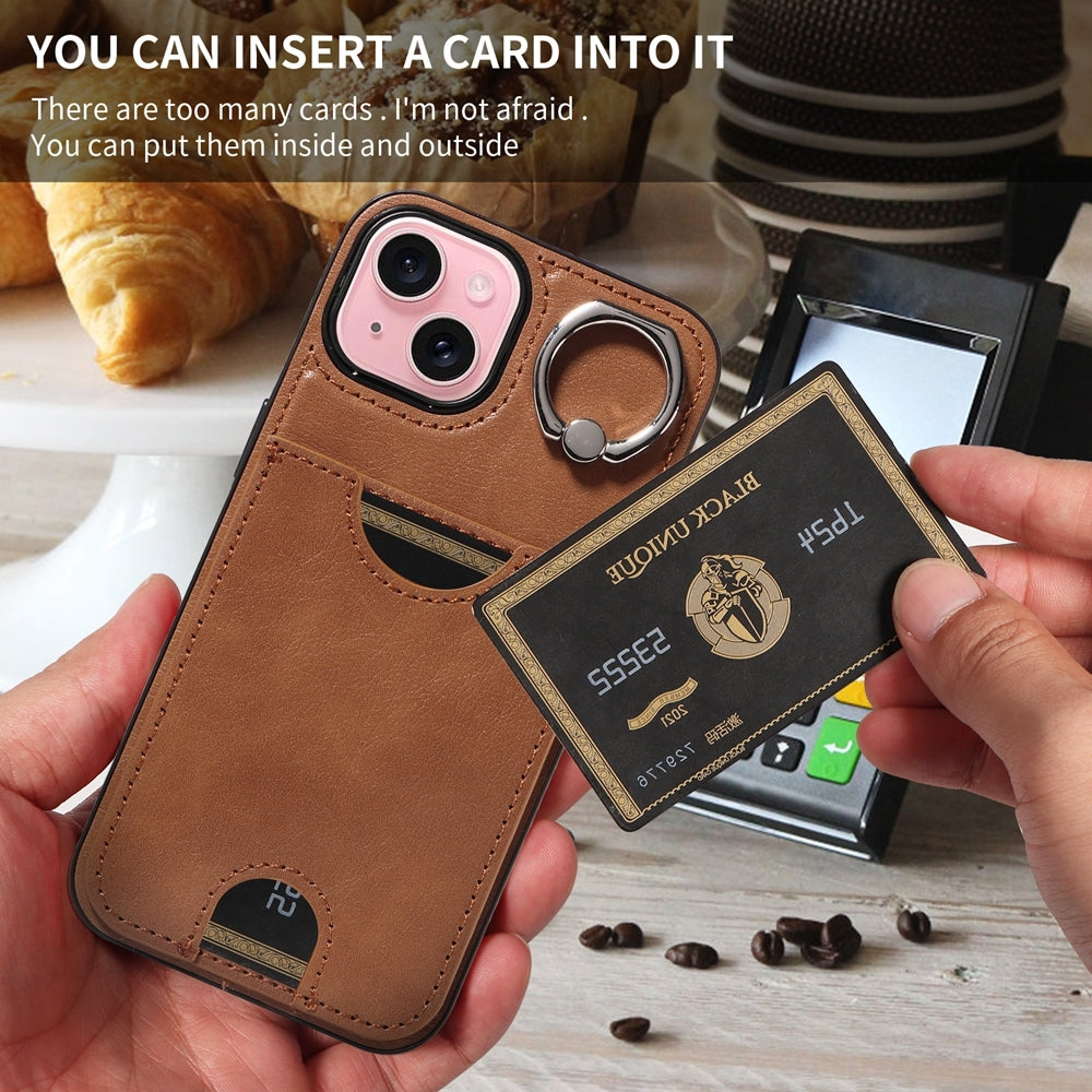iPhone 15 Calf Texture Phone Case with Card Slot & Ring Holder - Durable & Stylish Protection