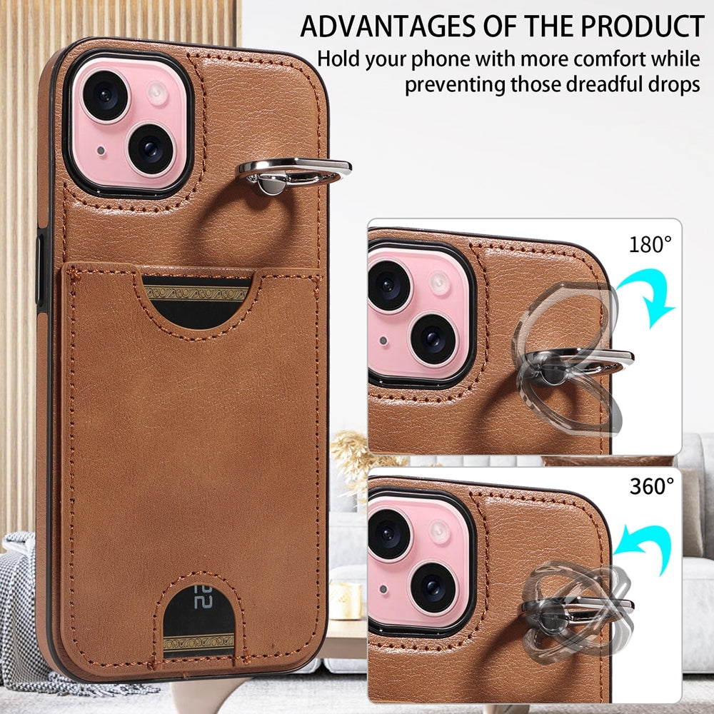 iPhone 15 Calf Texture Phone Case with Card Slot & Ring Holder - Durable & Stylish Protection
