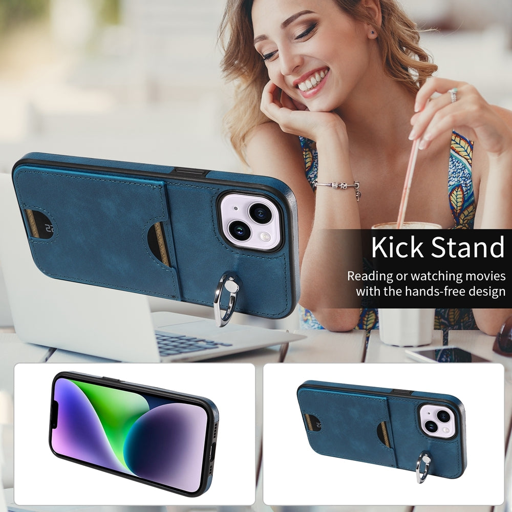 iPhone 15 Plus Calf Texture Phone Case with Card Slot & Ring Holder - Durable & Stylish Protection