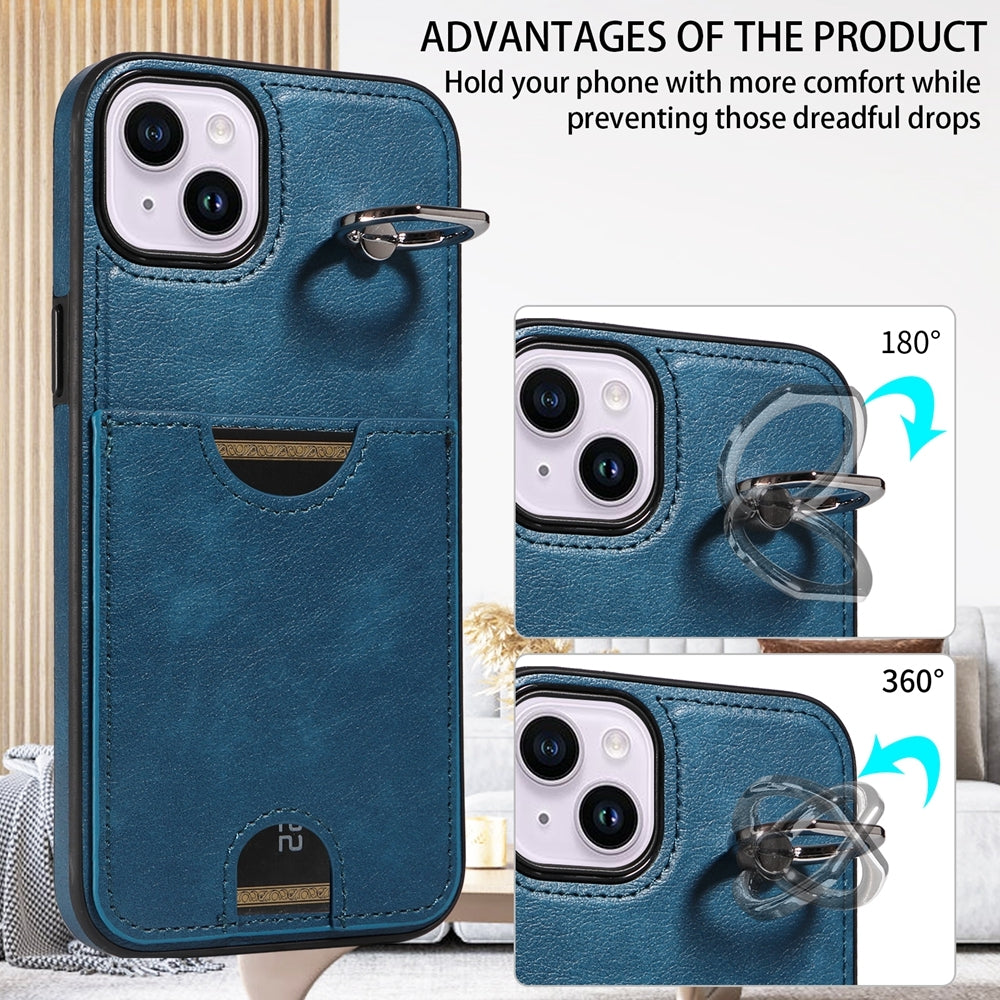 iPhone 15 Plus Calf Texture Phone Case with Card Slot & Ring Holder - Durable & Stylish Protection