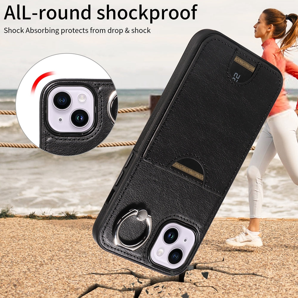 iPhone 15 Plus Calf Texture Phone Case with Card Slot & Ring Holder - Durable & Stylish Protection
