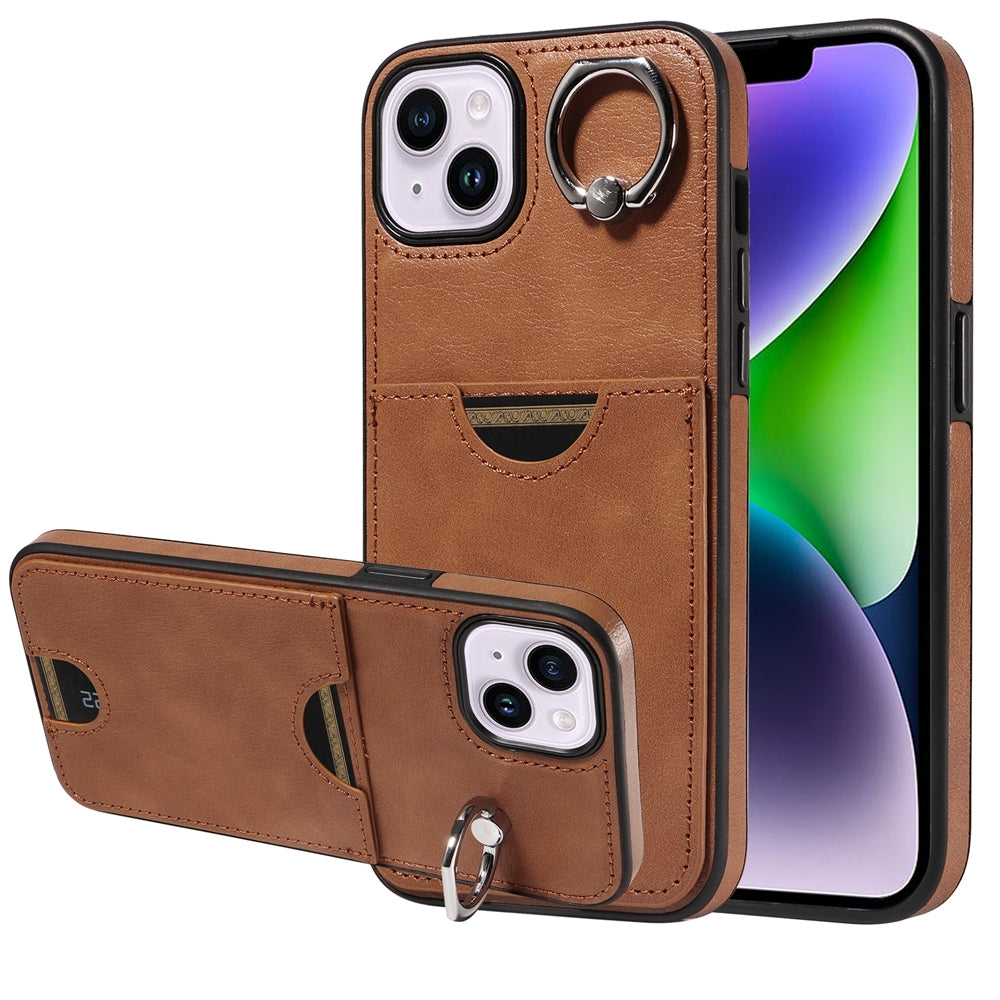 iPhone 15 Plus Calf Texture Phone Case with Card Slot & Ring Holder - Durable & Stylish Protection