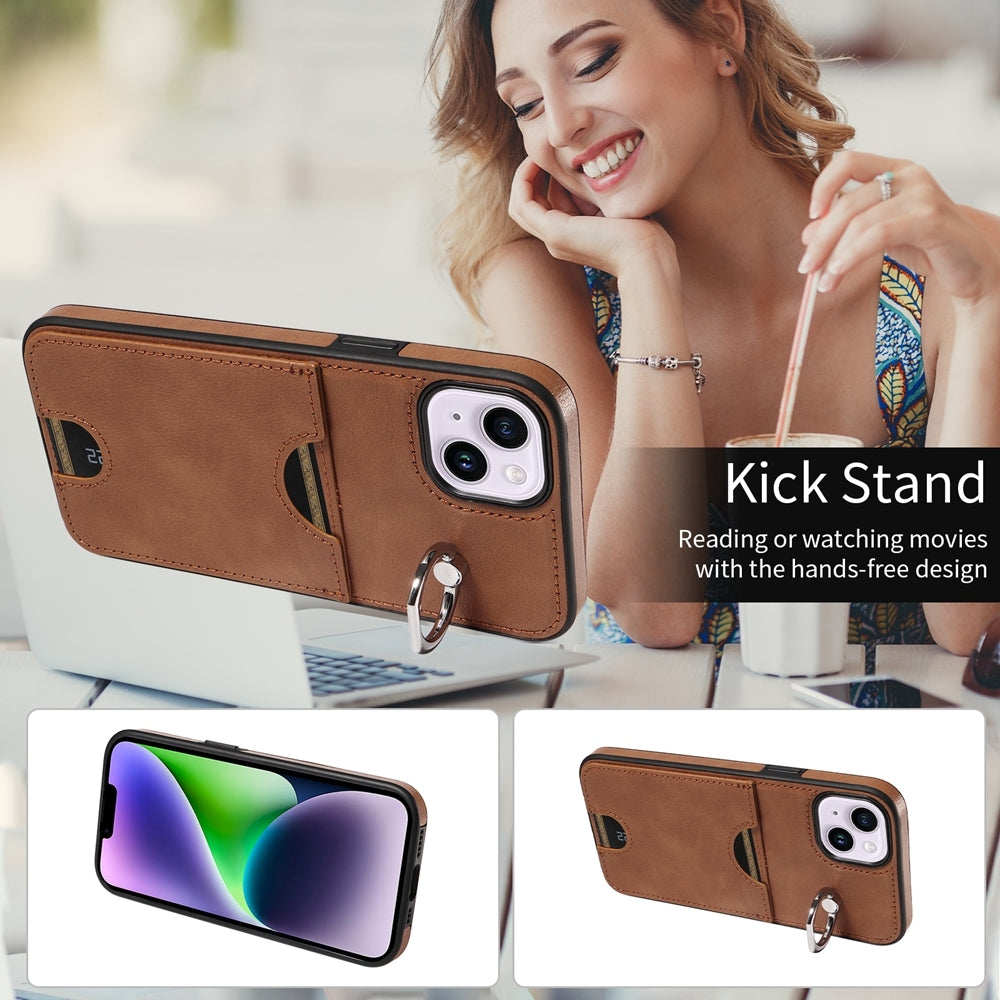 iPhone 15 Plus Calf Texture Phone Case with Card Slot & Ring Holder - Durable & Stylish Protection