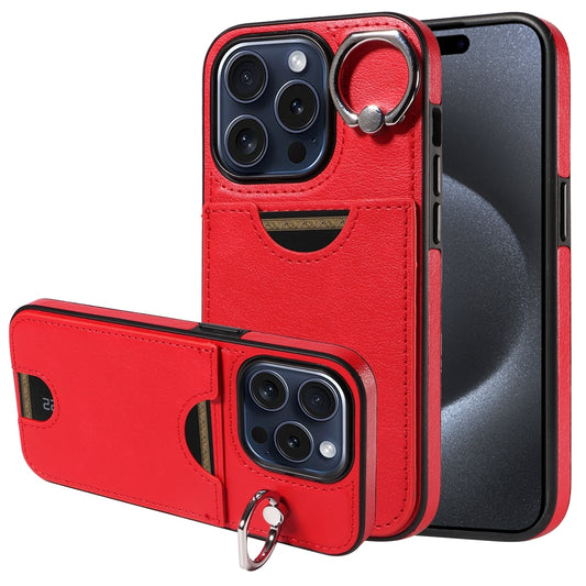 iPhone 15 Pro Calf Texture Phone Case with Card Slot & Ring Holder - Durable & Stylish Protection