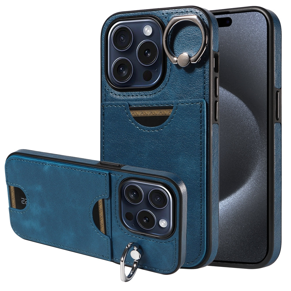 iPhone 15 Pro Calf Texture Phone Case with Card Slot & Ring Holder - Durable & Stylish Protection