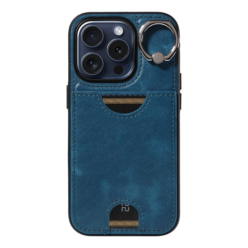 iPhone 15 Pro Calf Texture Phone Case with Card Slot & Ring Holder - Durable & Stylish Protection