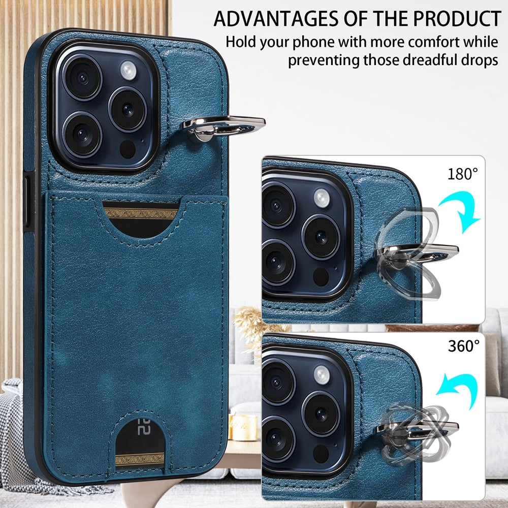 iPhone 15 Pro Calf Texture Phone Case with Card Slot & Ring Holder - Durable & Stylish Protection
