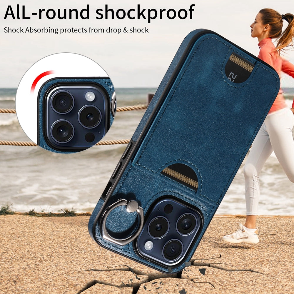 iPhone 15 Pro Calf Texture Phone Case with Card Slot & Ring Holder - Durable & Stylish Protection