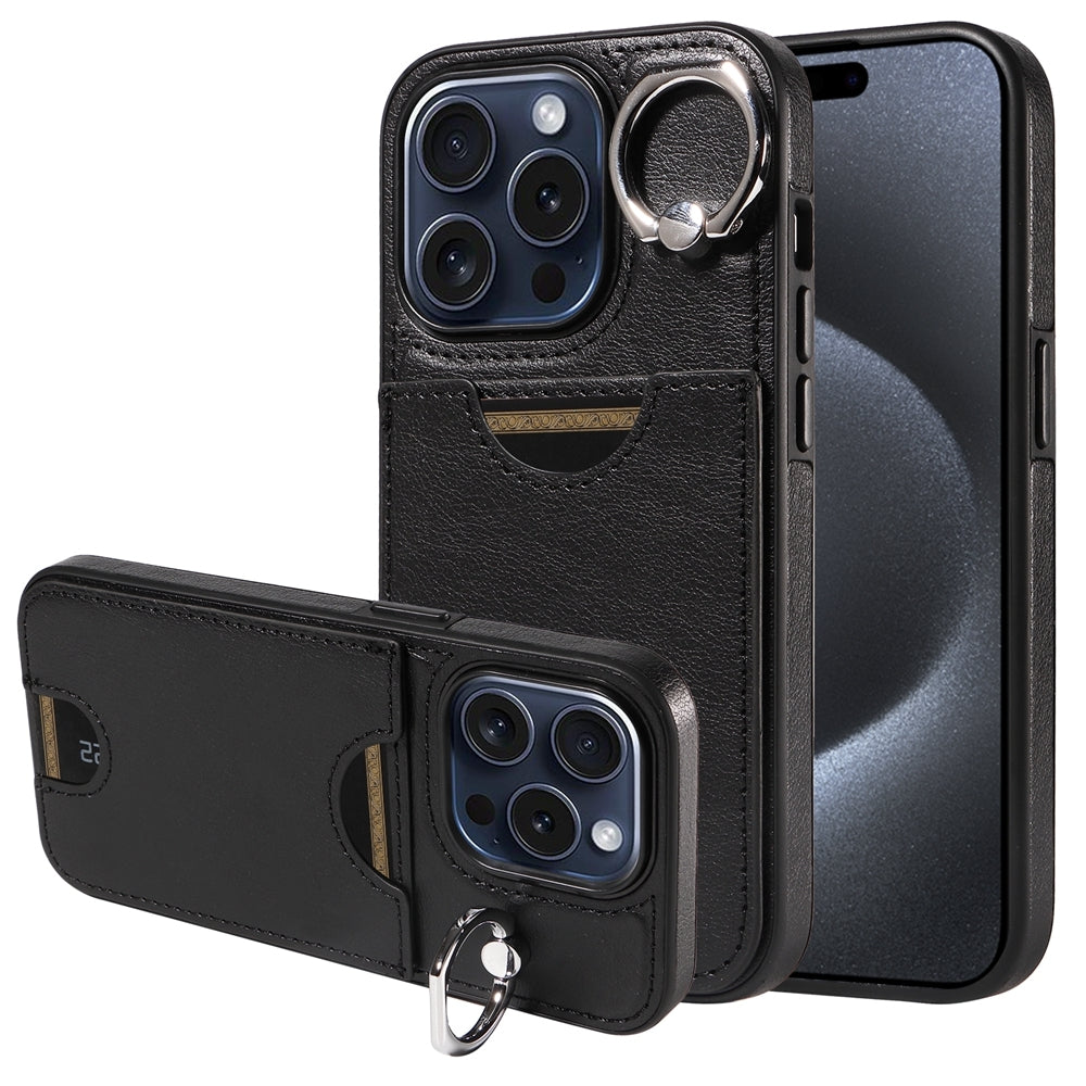 iPhone 15 Pro Calf Texture Phone Case with Card Slot & Ring Holder - Durable & Stylish Protection