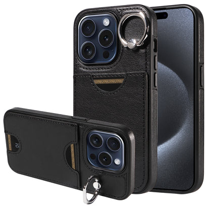 iPhone 15 Pro Calf Texture Phone Case with Card Slot & Ring Holder - Durable & Stylish Protection