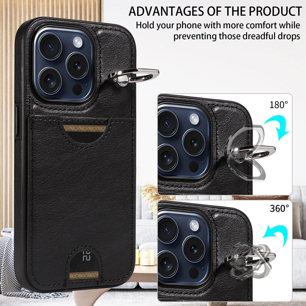 iPhone 15 Pro Calf Texture Phone Case with Card Slot & Ring Holder - Durable & Stylish Protection