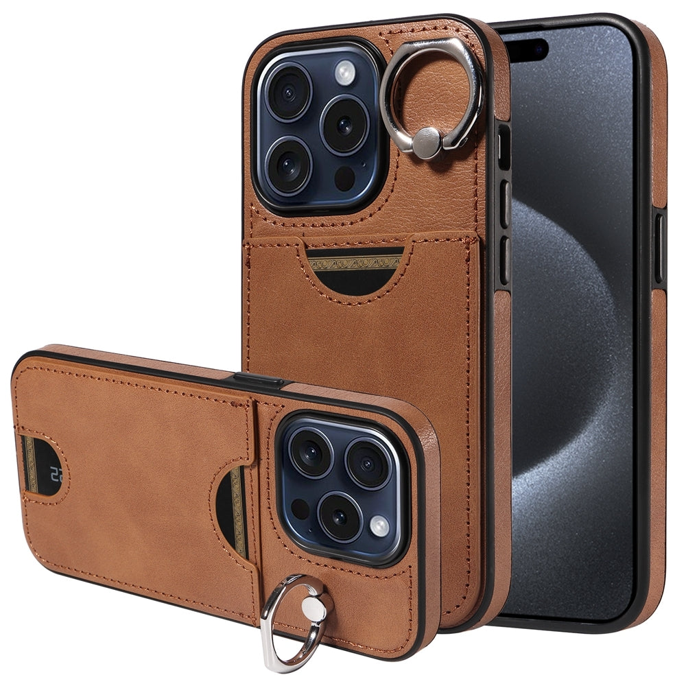 iPhone 15 Pro Calf Texture Phone Case with Card Slot & Ring Holder - Durable & Stylish Protection