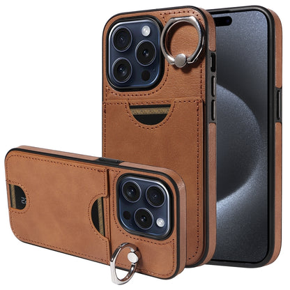 iPhone 15 Pro Calf Texture Phone Case with Card Slot & Ring Holder - Durable & Stylish Protection