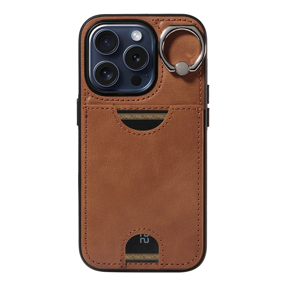 iPhone 15 Pro Calf Texture Phone Case with Card Slot & Ring Holder - Durable & Stylish Protection