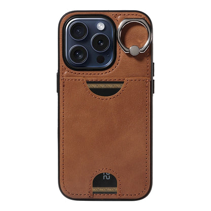 iPhone 15 Pro Calf Texture Phone Case with Card Slot & Ring Holder - Durable & Stylish Protection