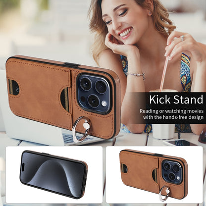 iPhone 15 Pro Calf Texture Phone Case with Card Slot & Ring Holder - Durable & Stylish Protection