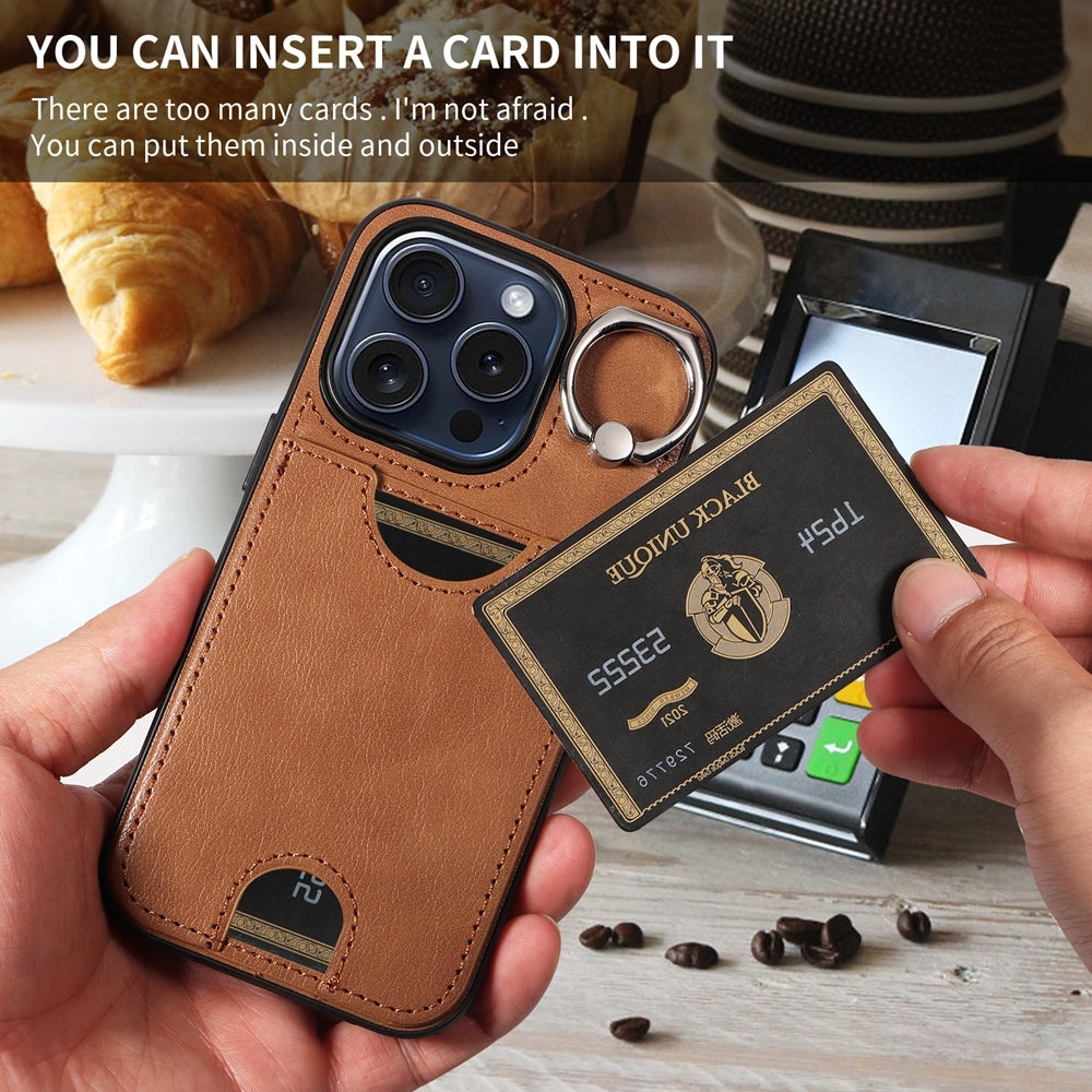 iPhone 15 Pro Calf Texture Phone Case with Card Slot & Ring Holder - Durable & Stylish Protection