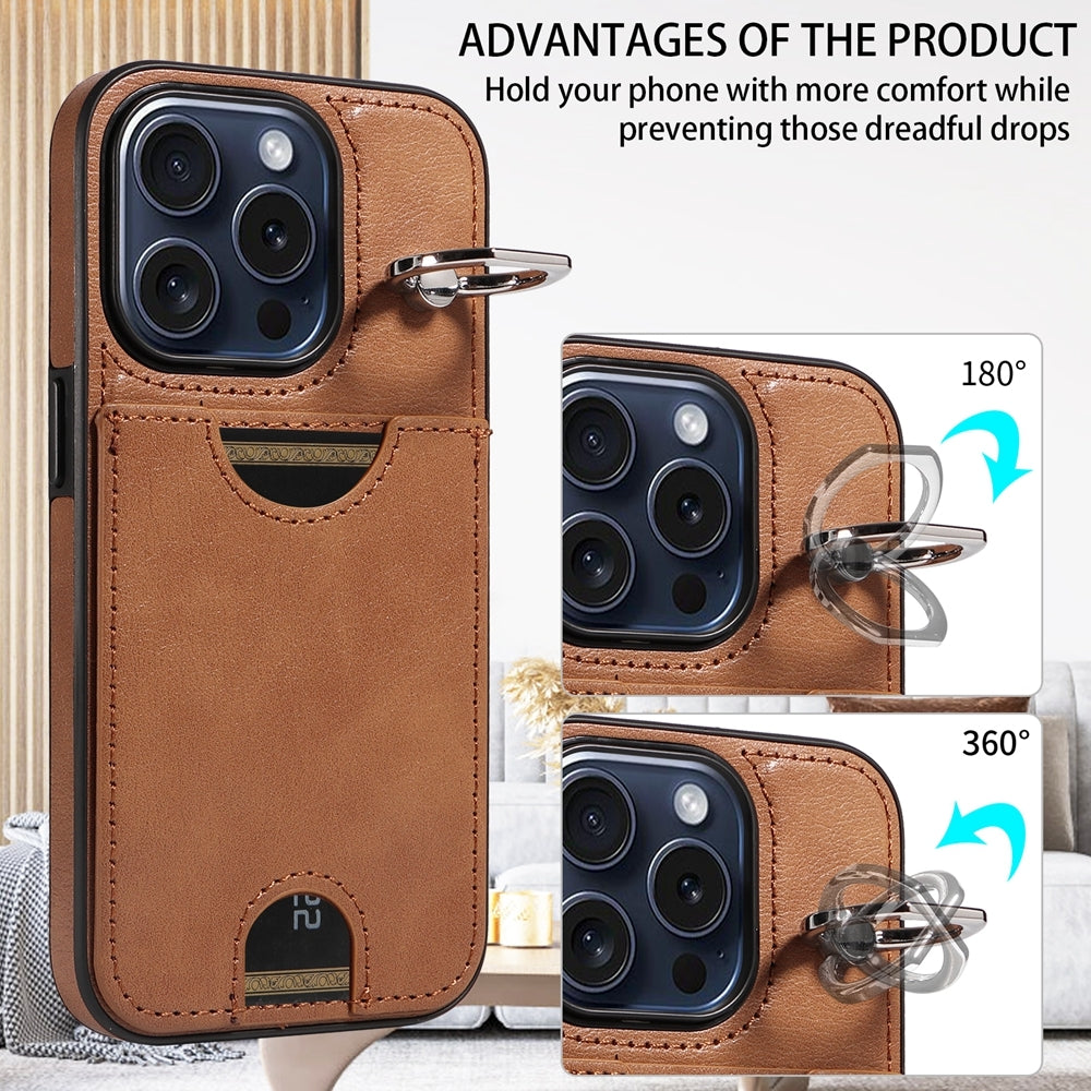 iPhone 15 Pro Calf Texture Phone Case with Card Slot & Ring Holder - Durable & Stylish Protection
